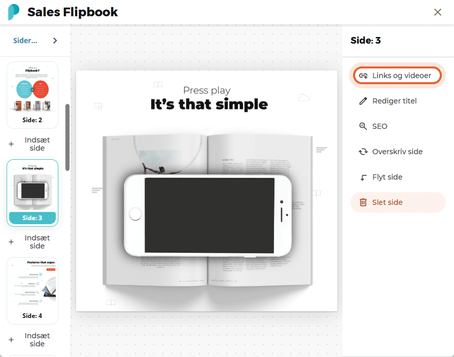Menuen Links og videoer er åben med side 3 af et flipbook vist og en iPhone placeret over en åben bo