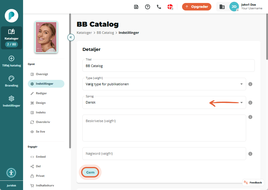 BB Catalog-indstillingsside viser rullemenuen “Flipbook viewer language” og den fremhævede knap Gem.