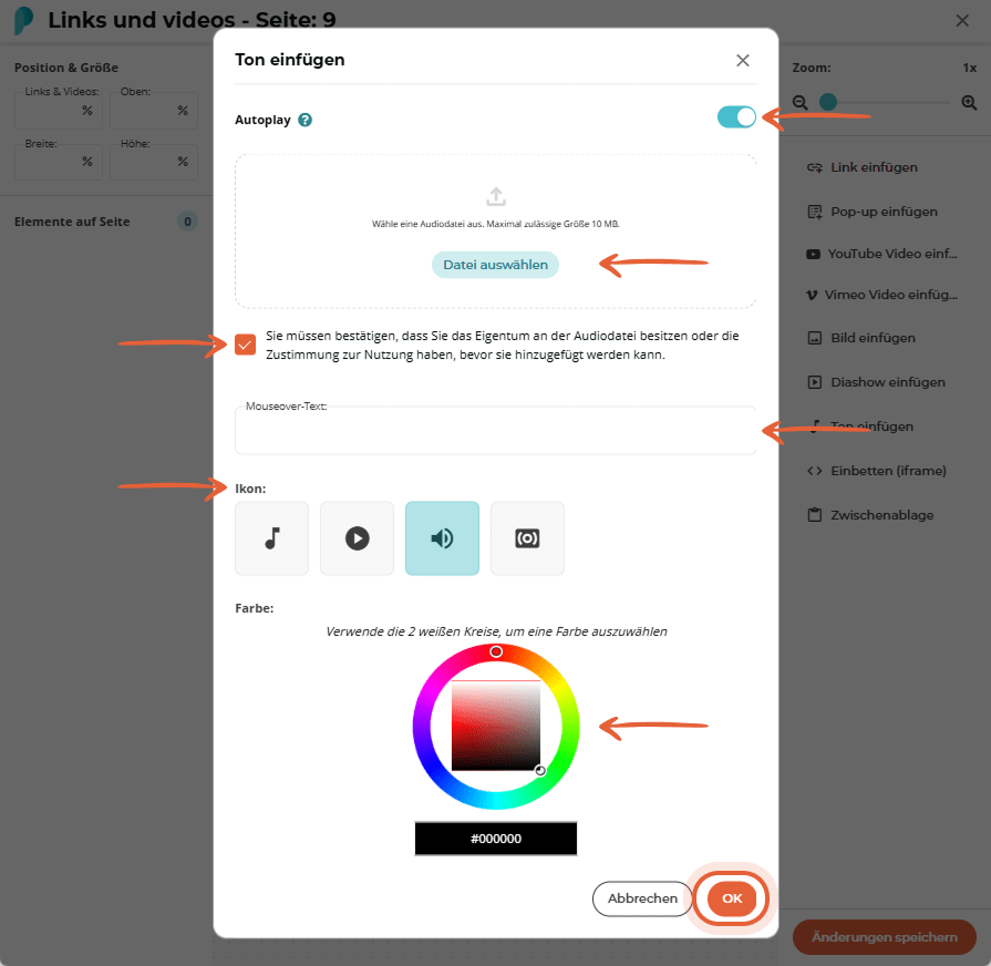 Dialog “Sound einfügen” mit Dateiupload-Bereich, Autoplay-Schalter, Berechtigungs-Kontrollkästchen, 