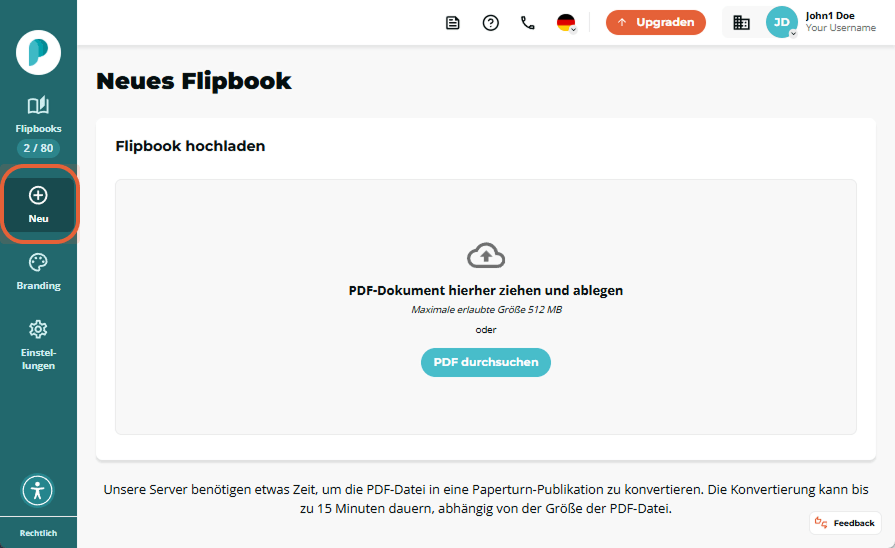 Das Papeturn Dashboard öffnet sich auf der Seite Neues Flipbook. In der linken Seitenleiste stehen d Das Papeturn Dashboard öffnet sich auf der Seite Neues Flipbook. In der linken Seitenleiste stehen d