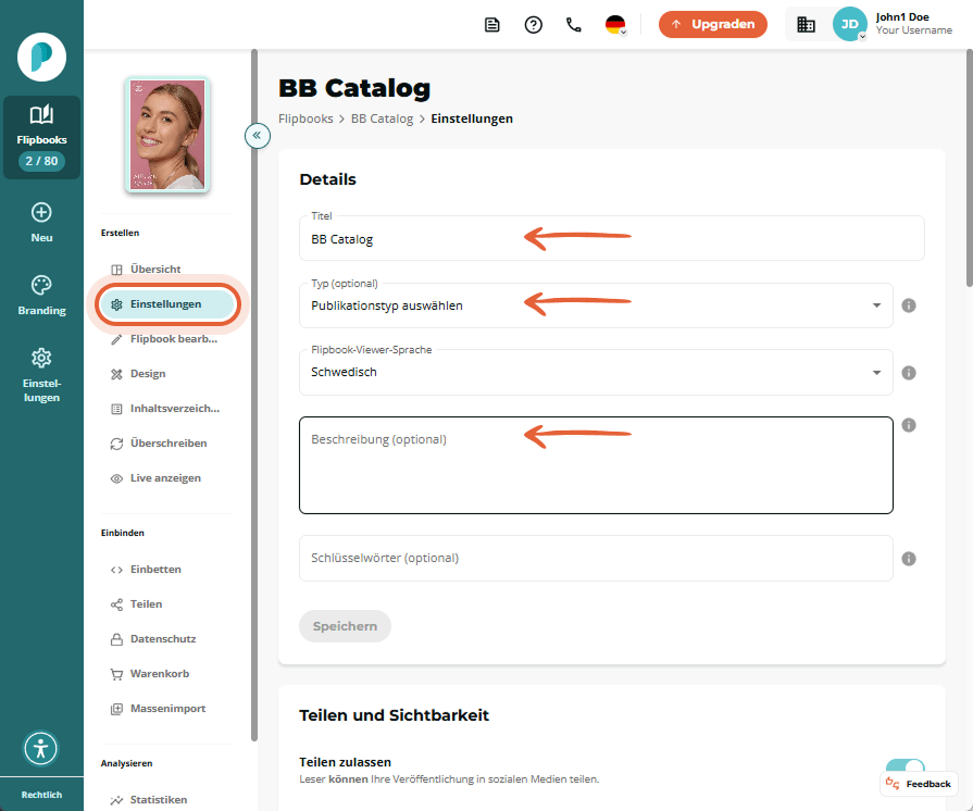 Seite Flipbook Einstellungen mit angezeigt Abschnitt Details. Bearbeitbare Felder für Titel Publikat Seite Flipbook Einstellungen mit angezeigt Abschnitt Details. Bearbeitbare Felder für Titel Publikat