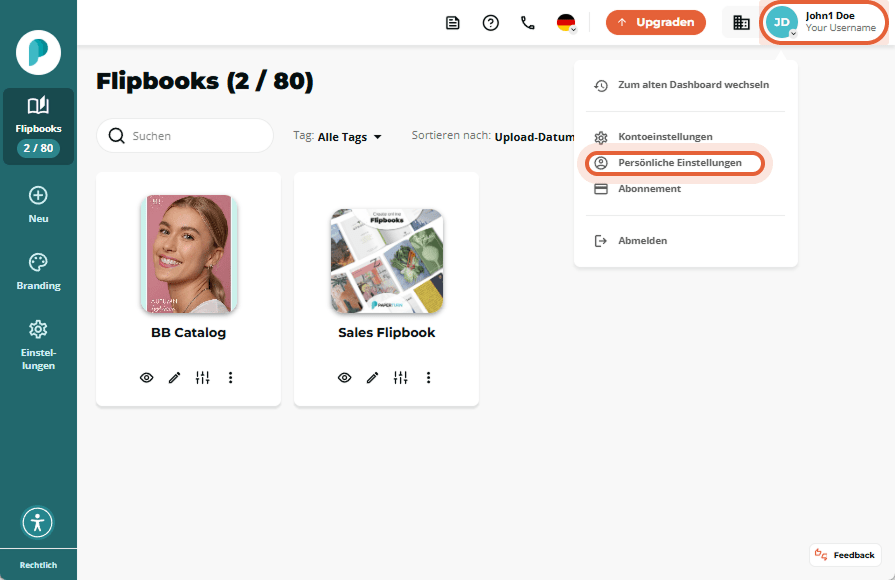Flipbook Übersicht mit geöffnetem Profilmenü; die Option „Persönliche Einstellungen“ im Dropdown ist