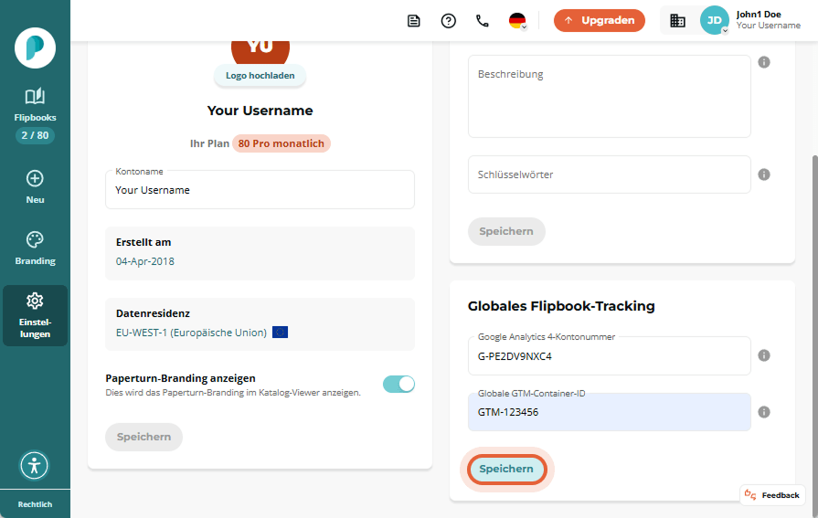 Einstellungsseite mit Kontoname, Datenstandort und globalen Tracking-Optionen, GTM-Container-ID und 