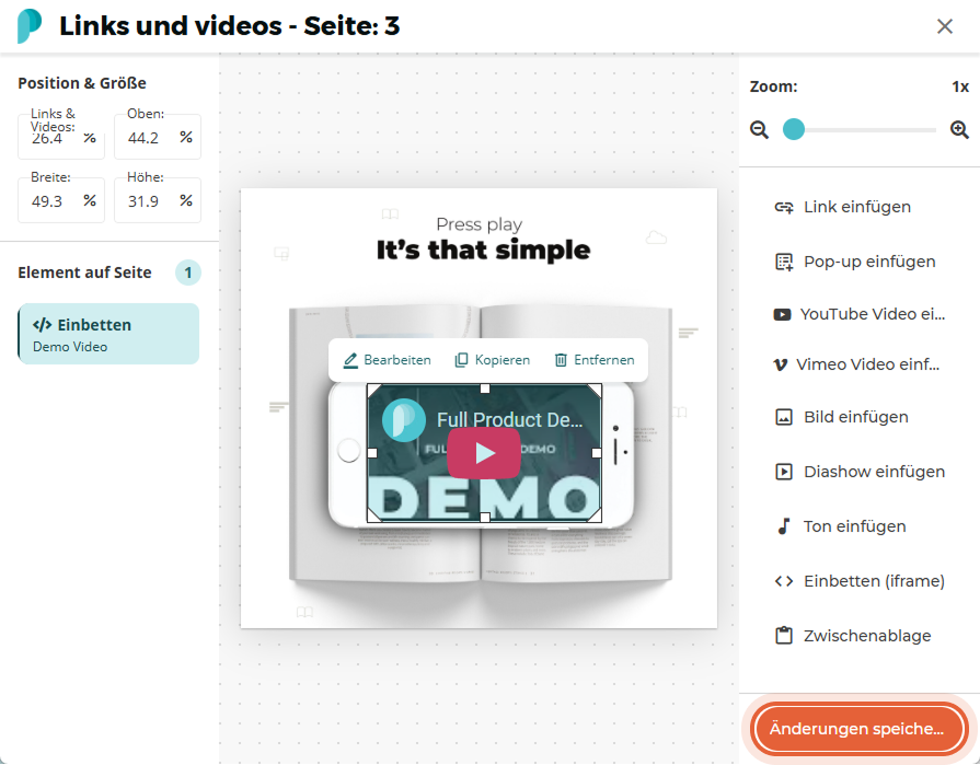 Das eingebettete Video erscheint jetzt zentriert auf der Flipbook-Seite mit sichtbarer Wiedergabetas
