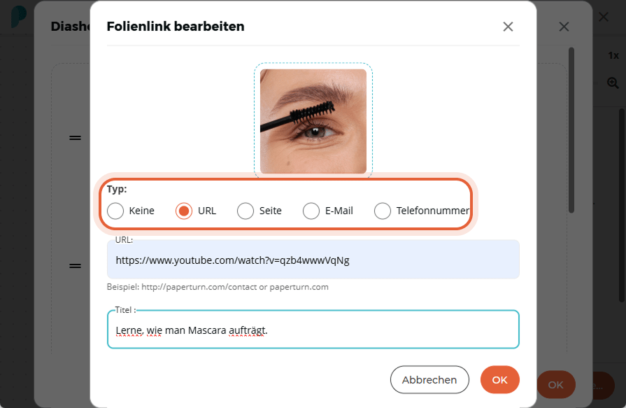 Das Fenster „Folie-Link bearbeiten“ zeigt eine Video-URL und den Titel „Mascara auftragen lernen“.