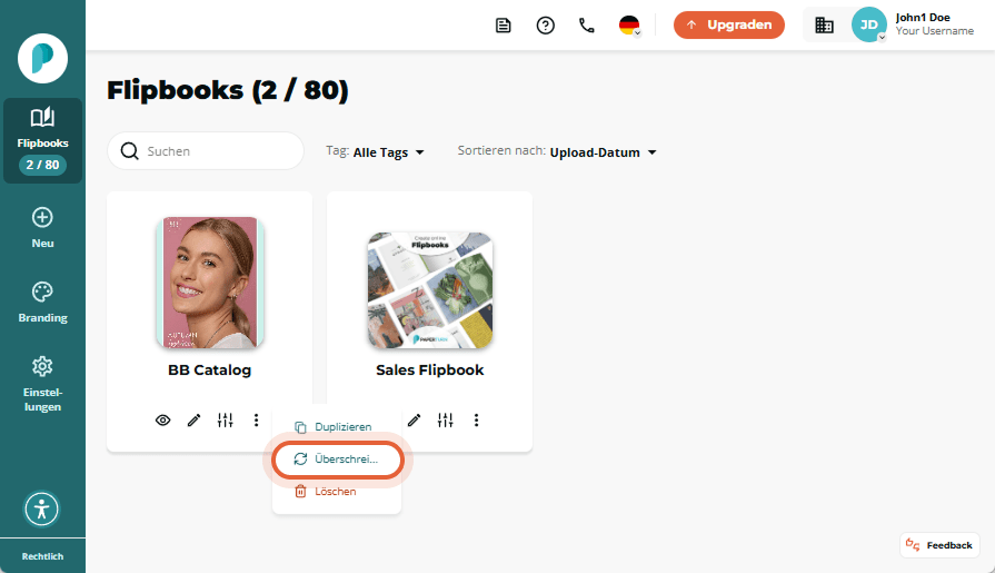 Flipbook-Überschreiboberfläche mit Drag-and-Drop-Uploadbereich und „PDF durchsuchen“-Schaltfläche.