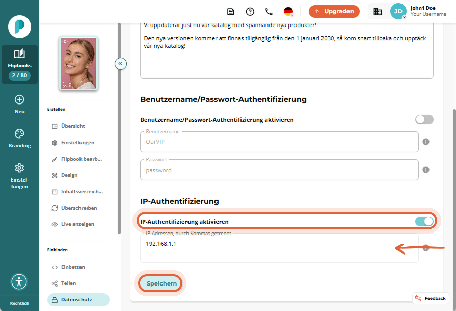 IP-Authentifizierung aktiviert mit eingegebener Beispiel-IP-Adresse und hervorgehobener Speichern-Sc