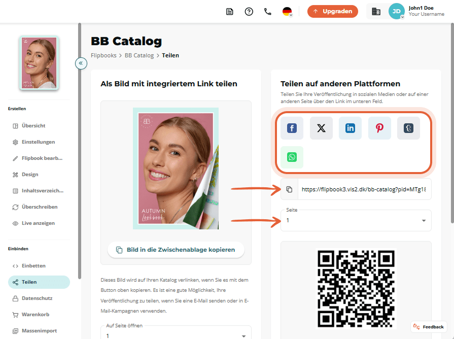 Teilen-Optionen für BB-Katalog mit Social-Media-Buttons, Link und QR-Code.
