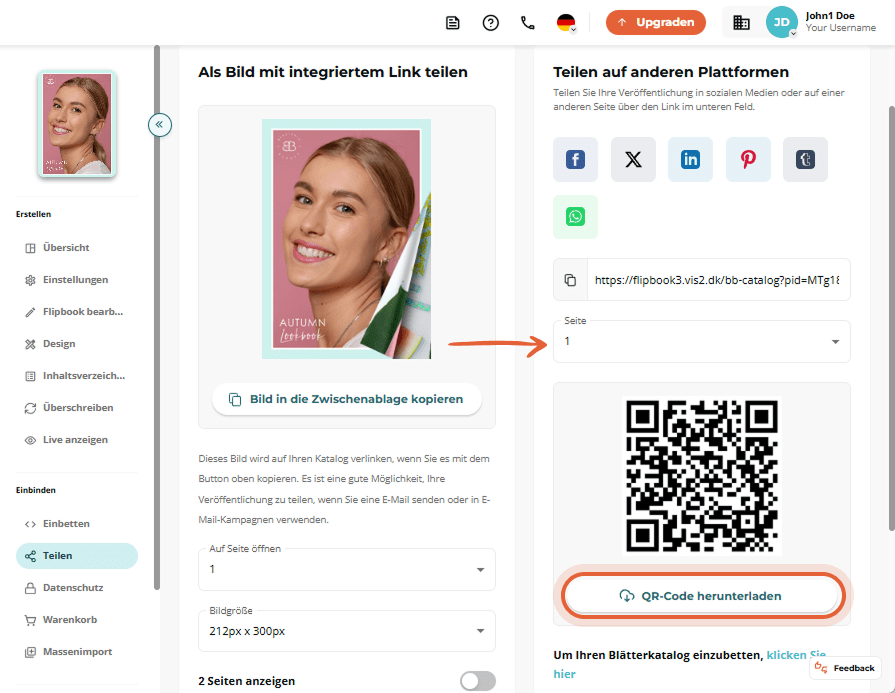 Teilen-Oberfläche mit Schaltfläche zum Herunterladen des QR-Codes und Seitenauswahl.