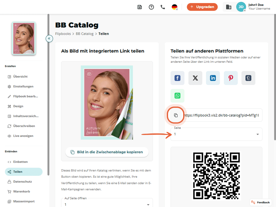 Bildfreigabebildschirm mit QR-Code und Schaltfläche „QR-Code herunterladen“
