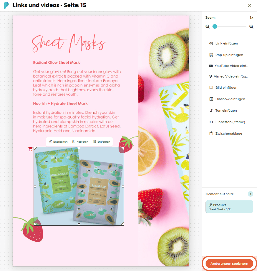 Editoransicht mit hinzugefügtem Produktlink und ausgewähltem Bild von Sheet Masks.