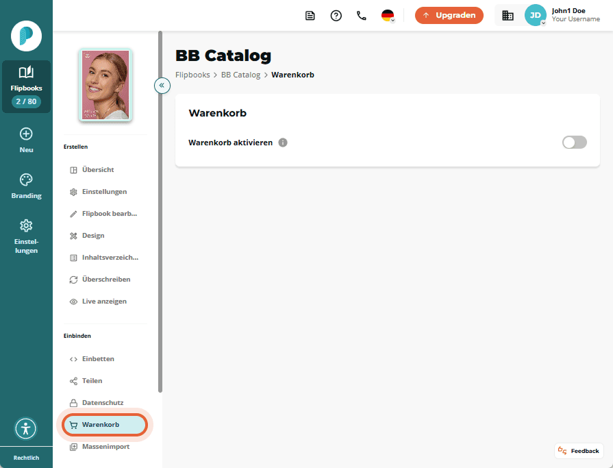 Warenkorb-Bereich mit Aktivierungsschalter und zwei Registerkarten: Warenkorb und Wunschliste.
