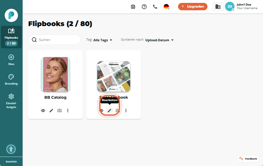 Bearbeitungssymbol unter der Vorschau des Sales Flipbooks im Flipbook-Dashboard hervorgehoben.