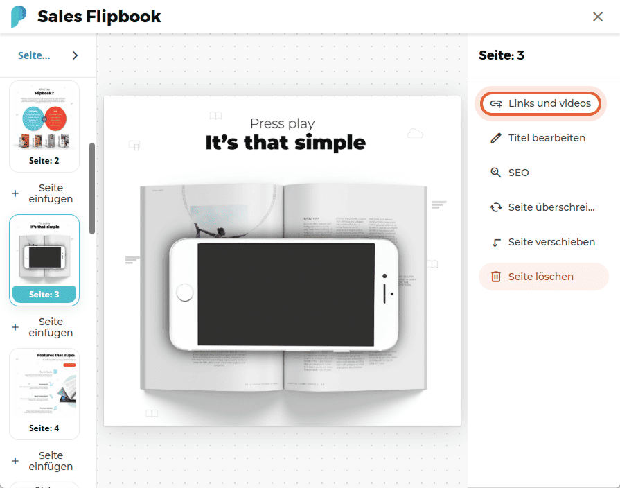 Links- und Video-Menü geöffnet mit Seite 3 eines Flipbooks und einem iPhone über einem aufgeschlagen