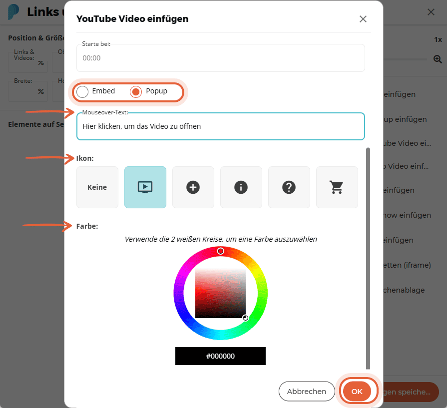 YouTube-Videoanzeigeeinstellungen mit Popup aktiviert, benutzerdefiniertem Text, Symbol und Farbwähl