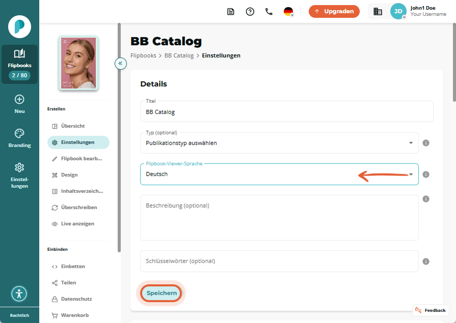 BB Catalog-Einstellungsseite zeigt den Dropdown-Pfeil „Flipbook viewer language“ und die hervorgehob