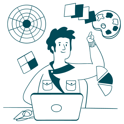 Illustration of a graphic designer working on a laptop surrounded by color palettes and design eleme