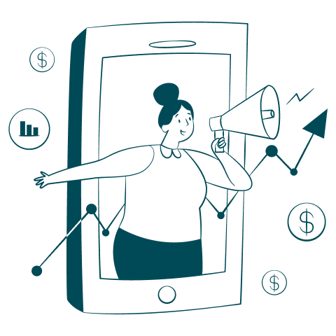 Illustration of a marketing professional using digital tools and analytics to promote a business onl