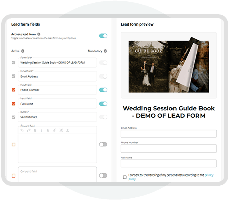 Paperturn lead form builder interface showing editable fields and live preview for digital publicati