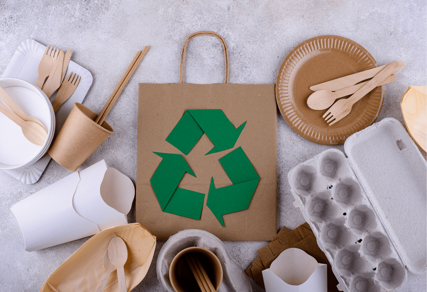 Environmentally friendly packaging made from paper and cardboard, including cutlery, cups and a paper bag