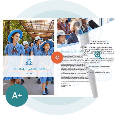 Digital school brochure with audio and accessibility icons — showing how Paperturn helps schools create accessible, engaging content.