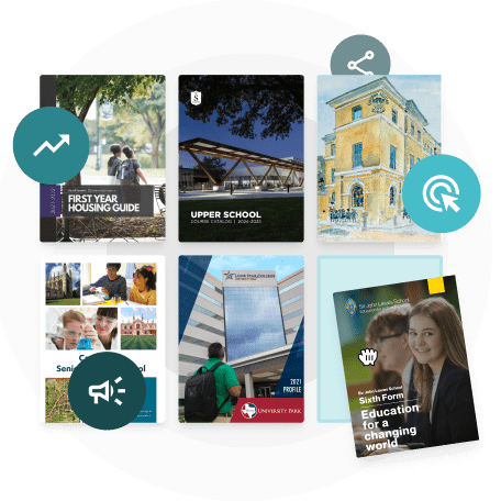 Grid of school and nonprofit brochures with update and share icons — showing how Paperturn helps replace static PDFs with dynamic, easy-to-manage digital publications.