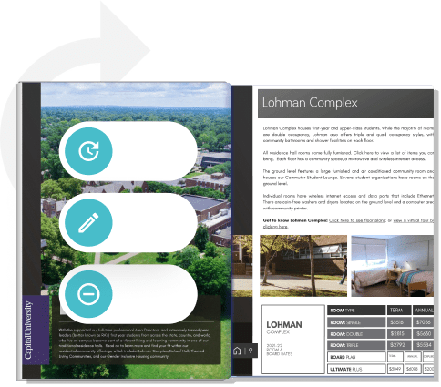 Digital campus brochure with edit and sync icons — showing how Paperturn lets schools update pages.