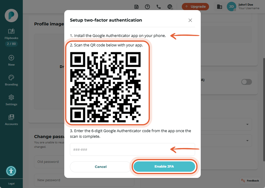 Popup window with QR code and instructions to set up two-factor authentication Popup window with QR code and instructions to set up two-factor authentication