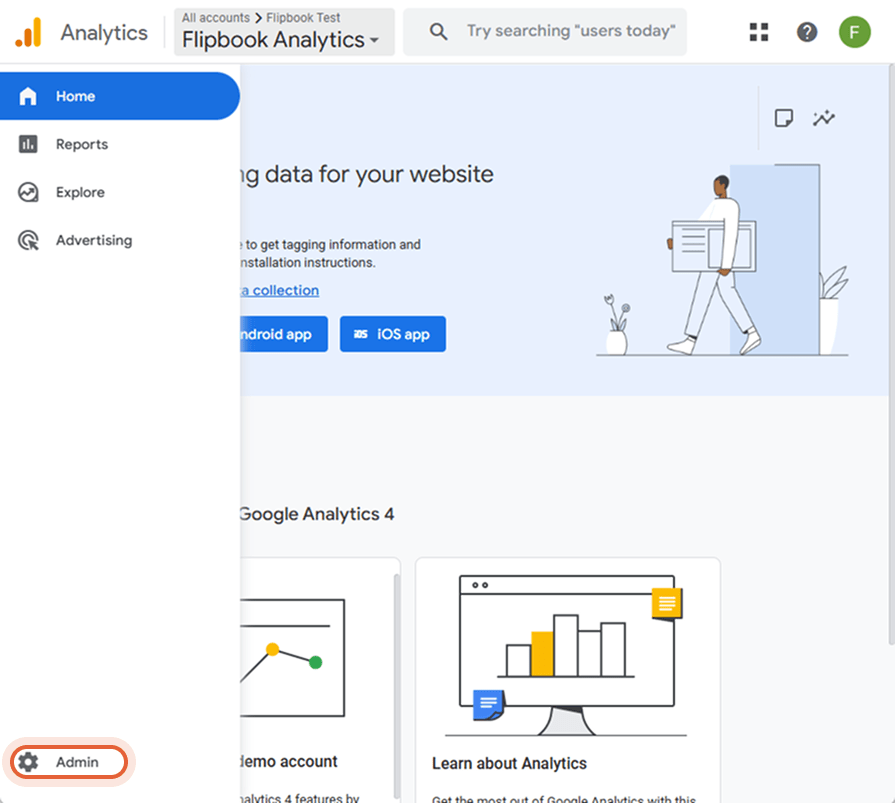 Google Analytics home screen showing the Flipbook Analytics account and a sidebar with the Admin but