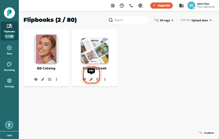 Edit icon highlighted below the flipbook cover titled “Sales Flipbook” in the dashboard view. Edit icon highlighted below the flipbook cover titled “Sales Flipbook” in the dashboard view.