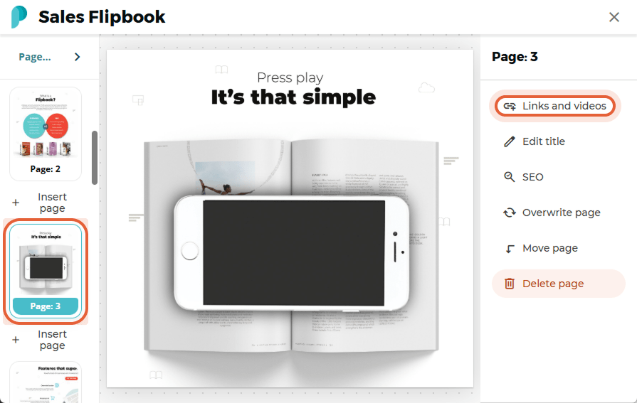 Page 3 of the flipbook selected with “Links and videos” button highlighted in the page settings menu Page 3 of the flipbook selected with “Links and videos” button highlighted in the page settings menu