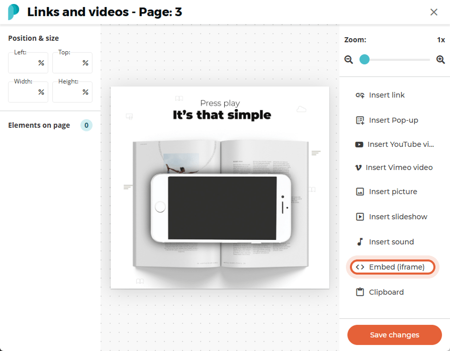 “Embed (iframe)” option selected from the insert options on the right while viewing the page. “Embed (iframe)” option selected from the insert options on the right while viewing the page.