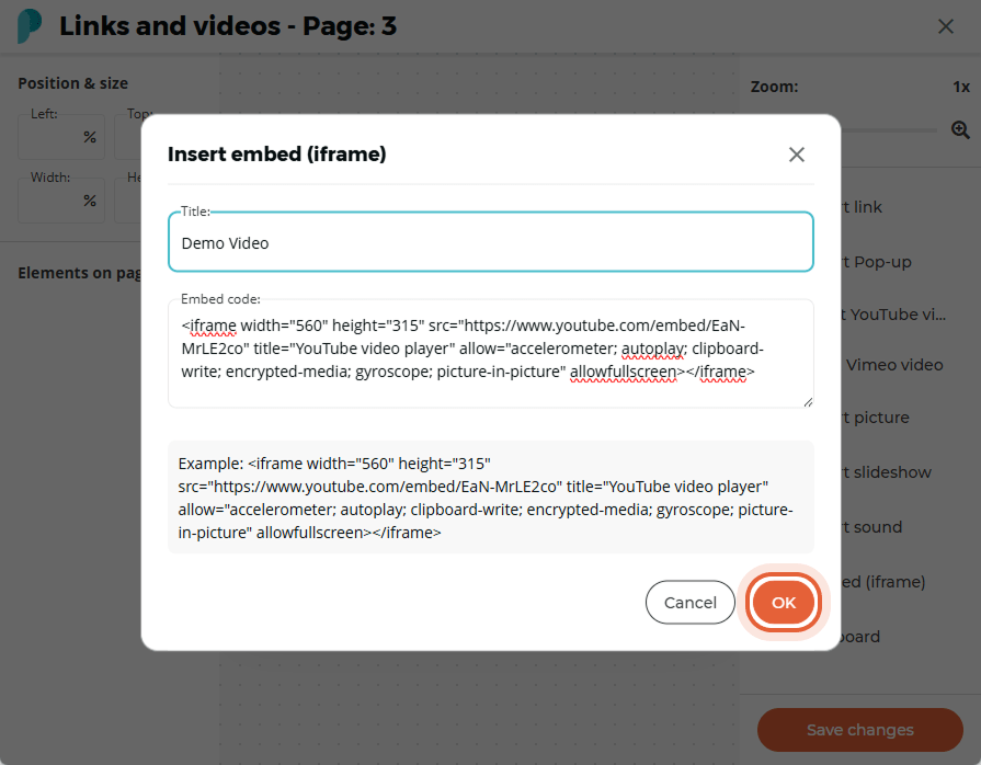 An embed code and title for a YouTube video titled “Demo Video” being added in the input fields. An embed code and title for a YouTube video titled “Demo Video” being added in the input fields.