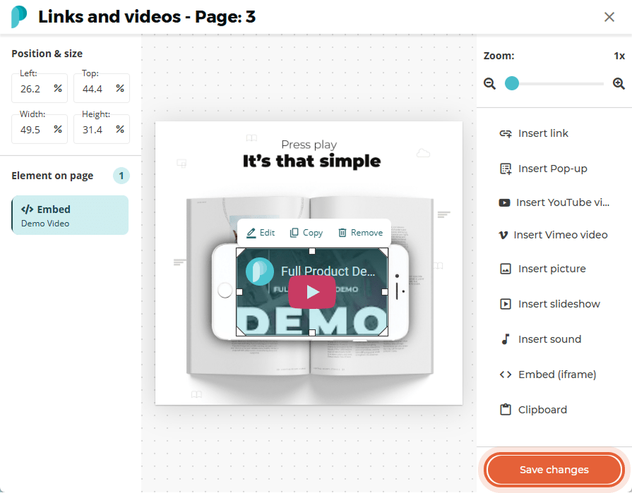 The embedded video now appears centered on the flipbook page with a play button visible. The embedded video now appears centered on the flipbook page with a play button visible.