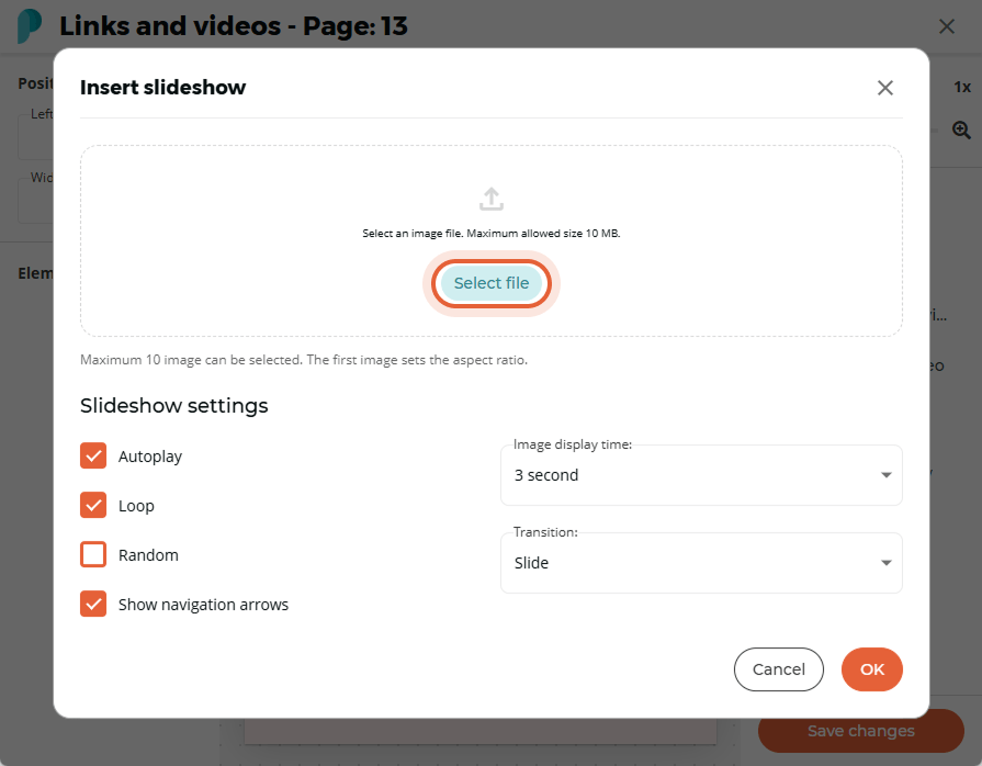 A file is being selected to upload images for the slideshow, and the slideshow settings are shown be A file is being selected to upload images for the slideshow, and the slideshow settings are shown be