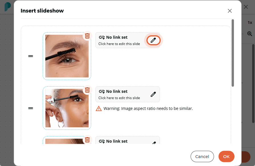 A slideshow preview with multiple slides appears; an edit icon is highlighted to edit the link on a A slideshow preview with multiple slides appears; an edit icon is highlighted to edit the link on a