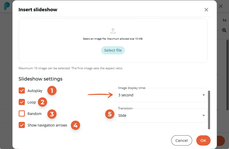 Slideshow settings show autoplay and loop enabled, with image display time set to 3 seconds and tran Slideshow settings show autoplay and loop enabled, with image display time set to 3 seconds and tran
