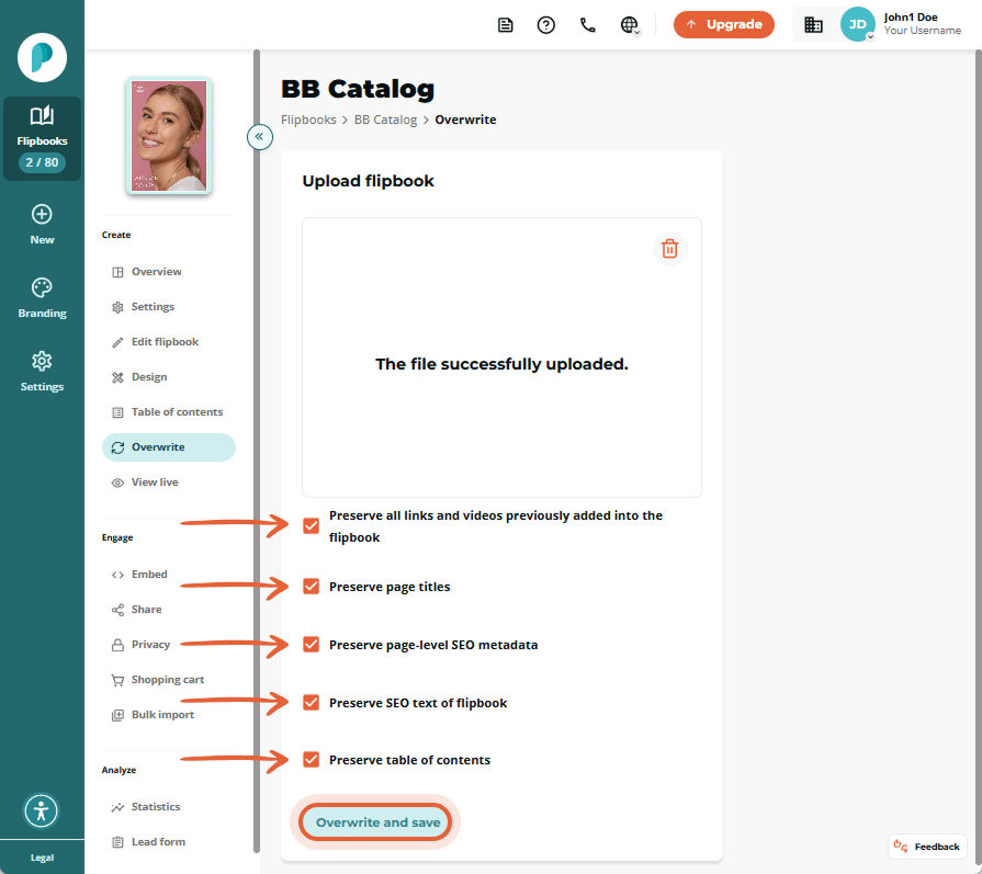 Uploaded flipbook with overwrite options selected: keep links, titles, SEO, and table of contents. Uploaded flipbook with overwrite options selected: keep links, titles, SEO, and table of contents.