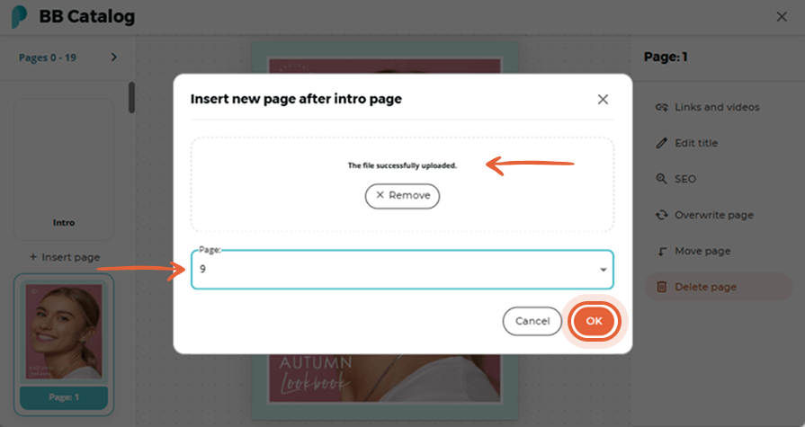 Confirmation screen appears after a new page upload, and user sets the insert location Confirmation screen appears after a new page upload, and user sets the insert location