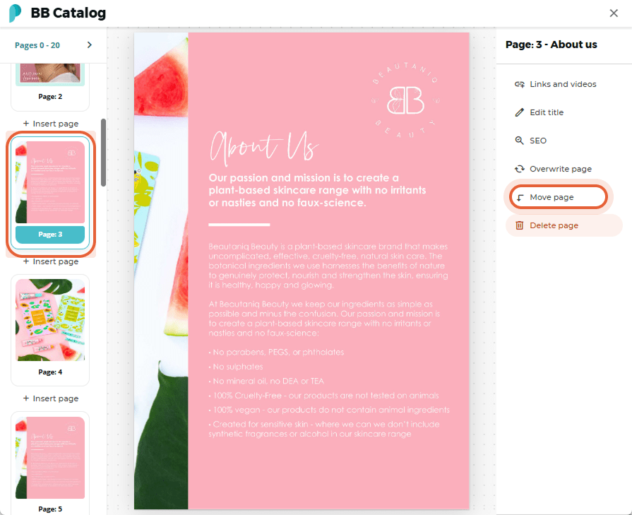 “About us” page is selected and the user clicks “Move page” “About us” page is selected and the user clicks “Move page”