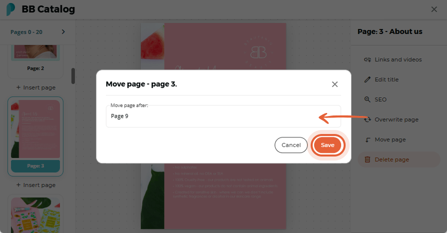 User sets the new page position after page 9 and saves changes User sets the new page position after page 9 and saves changes