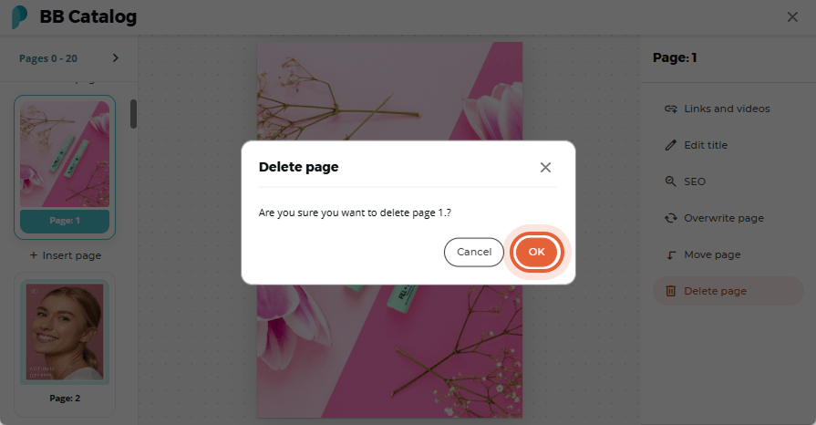 User confirms deletion of page 1 with product image User confirms deletion of page 1 with product image
