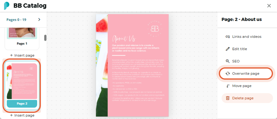 Overwrite page button selected on the right panel. Overwrite page button selected on the right panel.