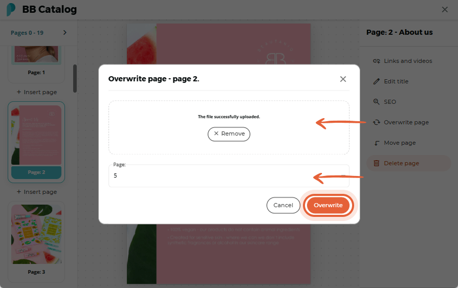 Page number entered and overwrite confirmation button highlighted. Page number entered and overwrite confirmation button highlighted.