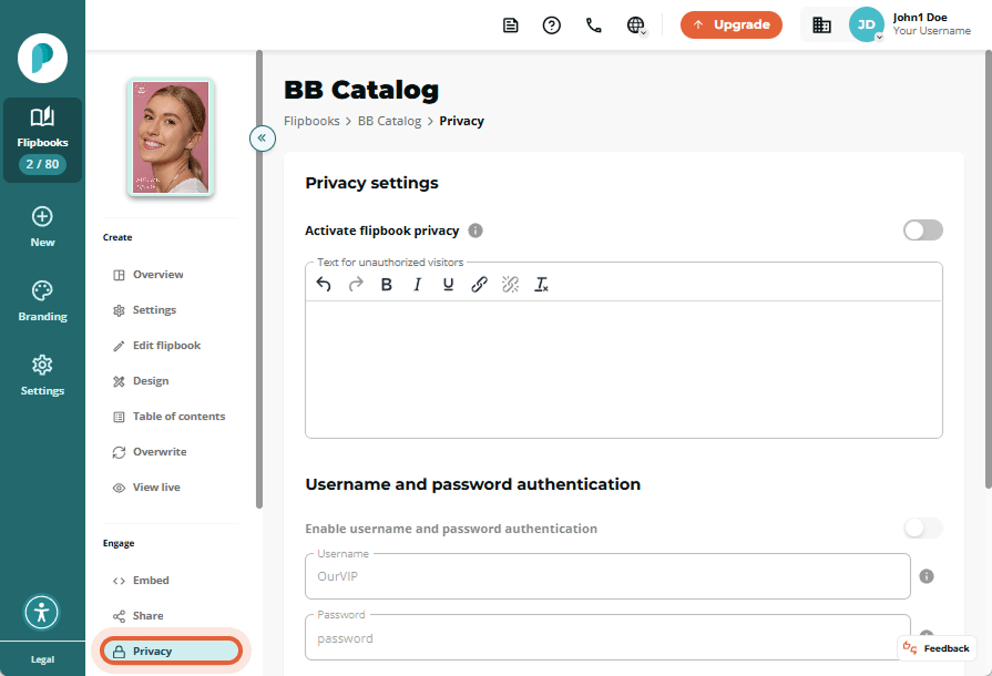 Privacy settings page of the BB Catalog flipbook with all options deactivated, including flipbook pr