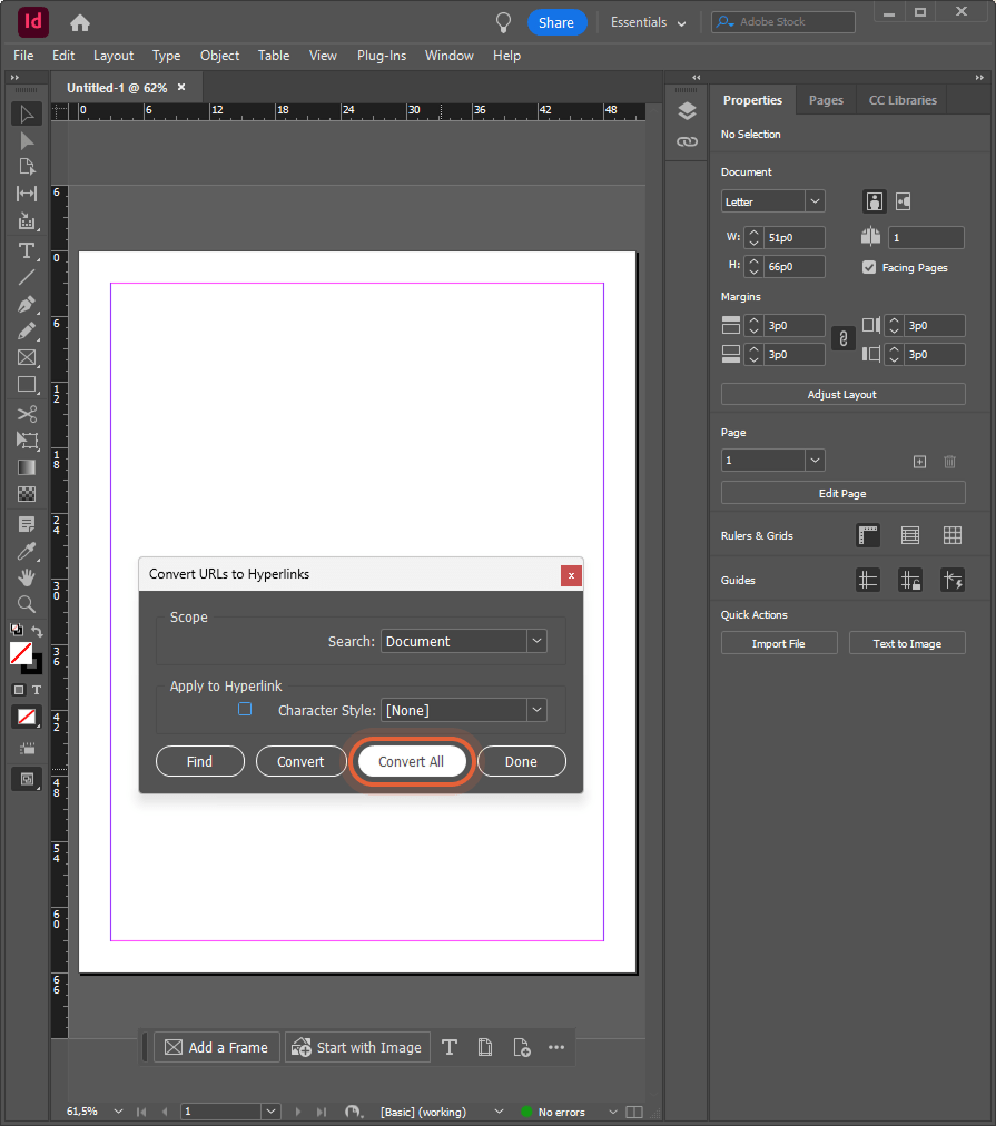InDesign Convert URLs to Hyperlinks window open, Convert All button outlined. InDesign Convert URLs to Hyperlinks window open, Convert All button outlined.