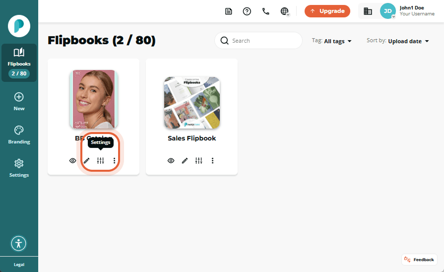 Flipbook overview showing BB Catalog settings shortcut highlighted.
