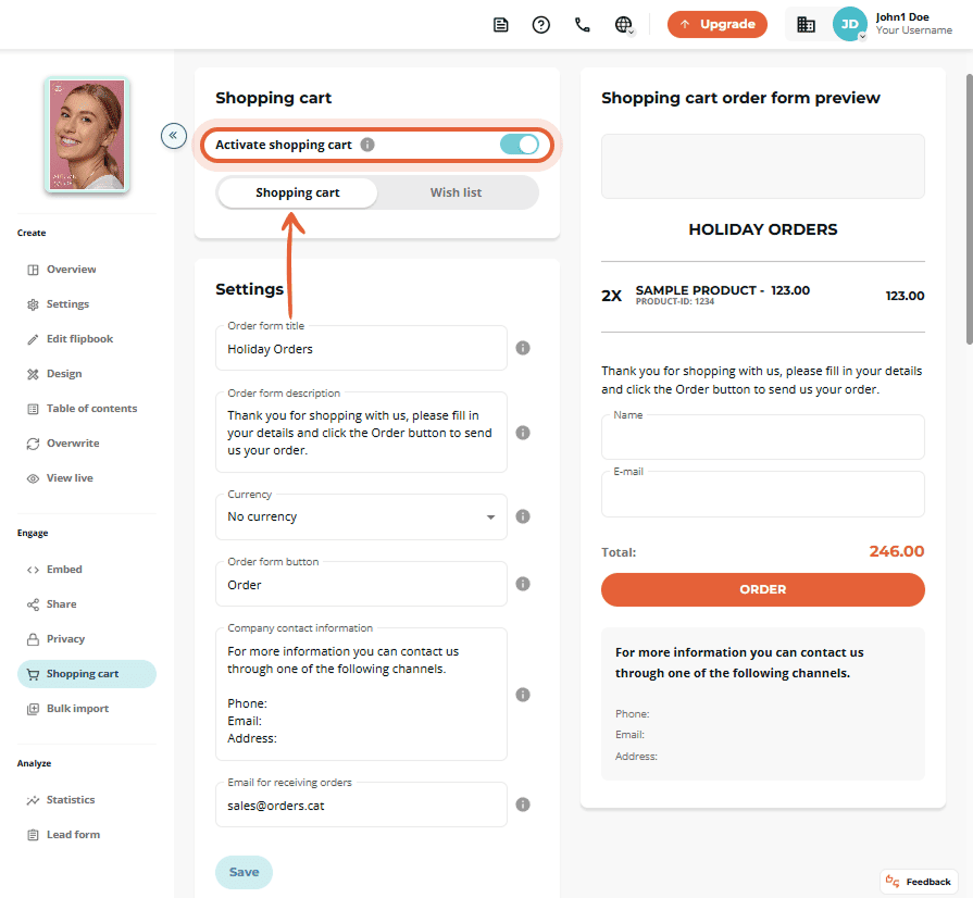 Shopping cart page showing a product order summary and preview of the order form.