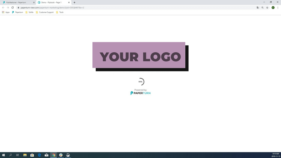 A browser tab showing the page when a flipbook is loading, while showing a customised logo