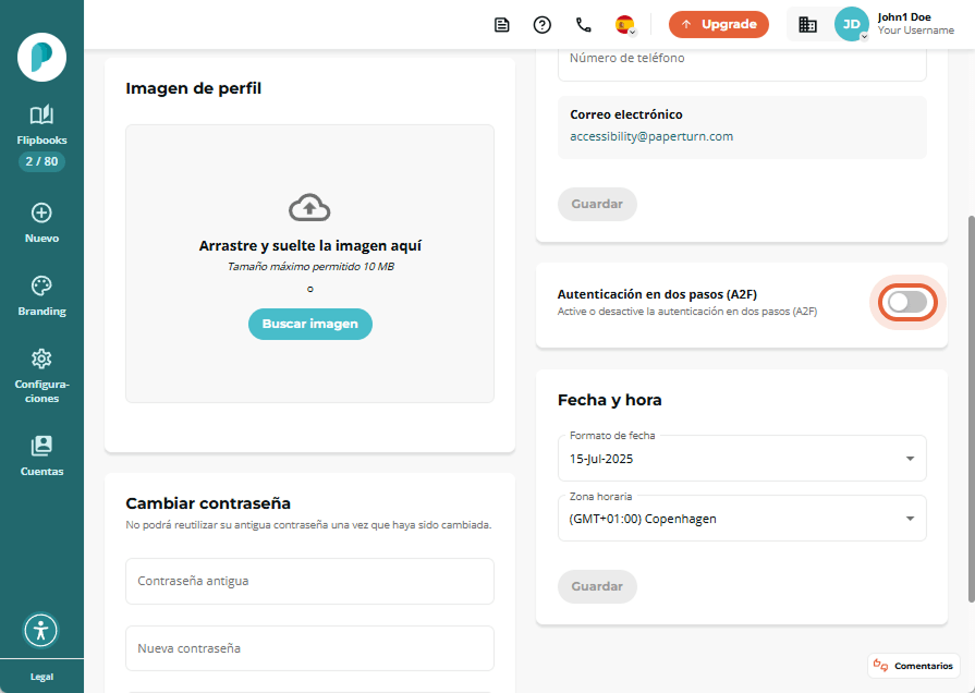Interruptor de 2FA desactivado en el panel de configuración personal